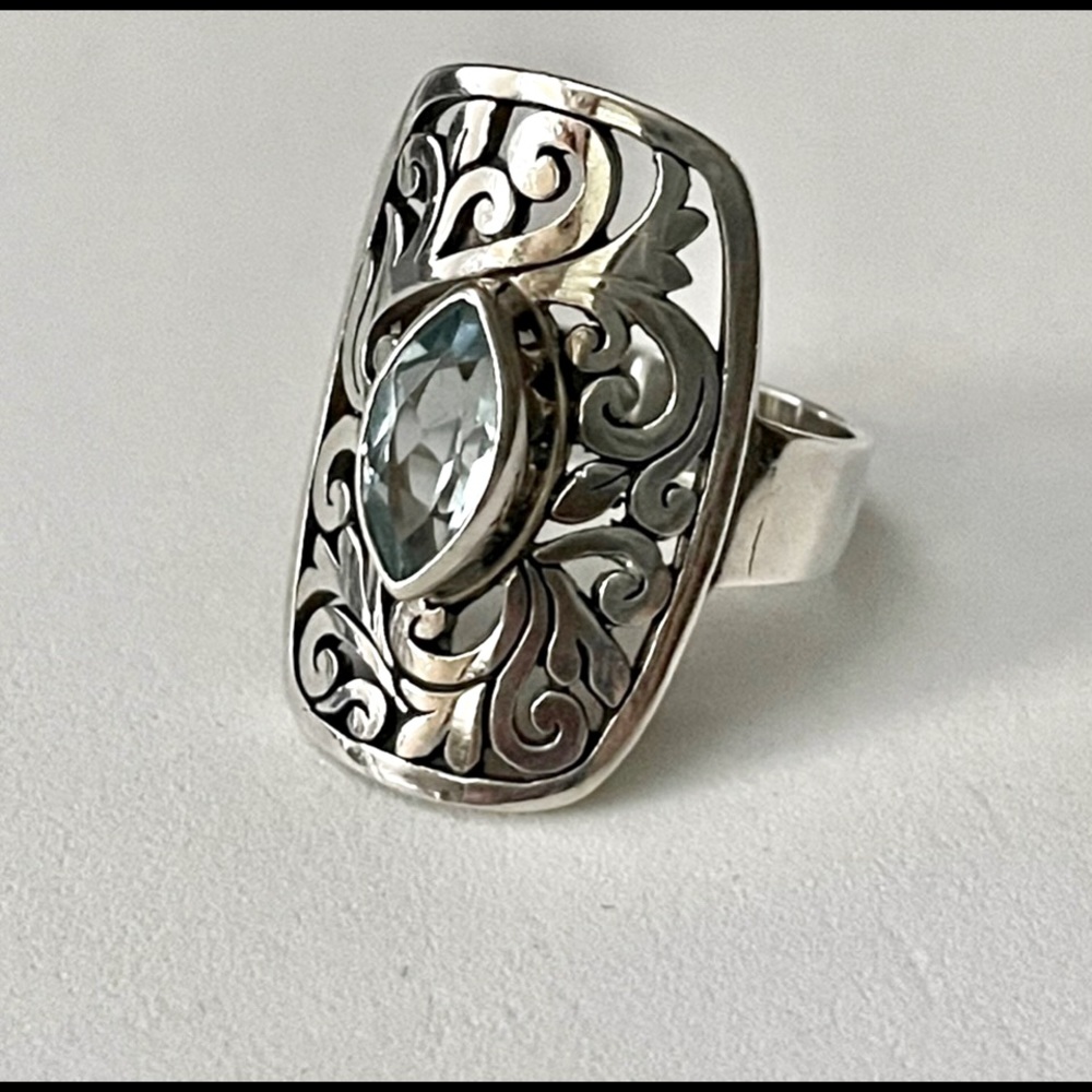 ATI Blue Topaz Sterling Silver Ring Size 7.25 Scroll Design